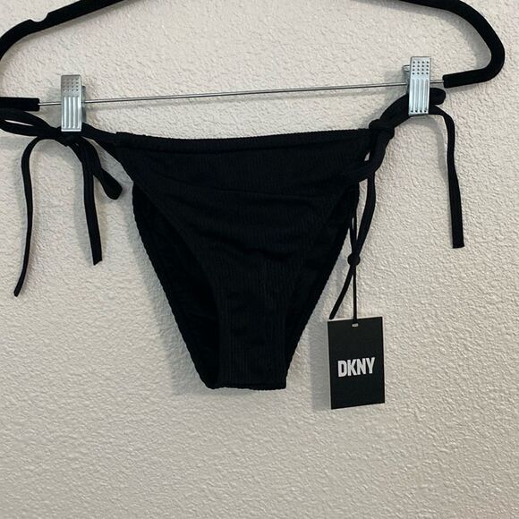 NWT- DKNY-Adjustable string Bikini bottoms- black- ribbed- Size medium - Picture 1 of 8